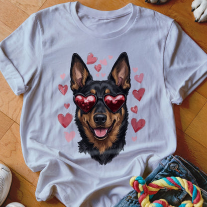 White crewneck t-shirt featuring a graphic of a smiling dog wearing heart-shaped sunglasses, surrounded by pink hearts.