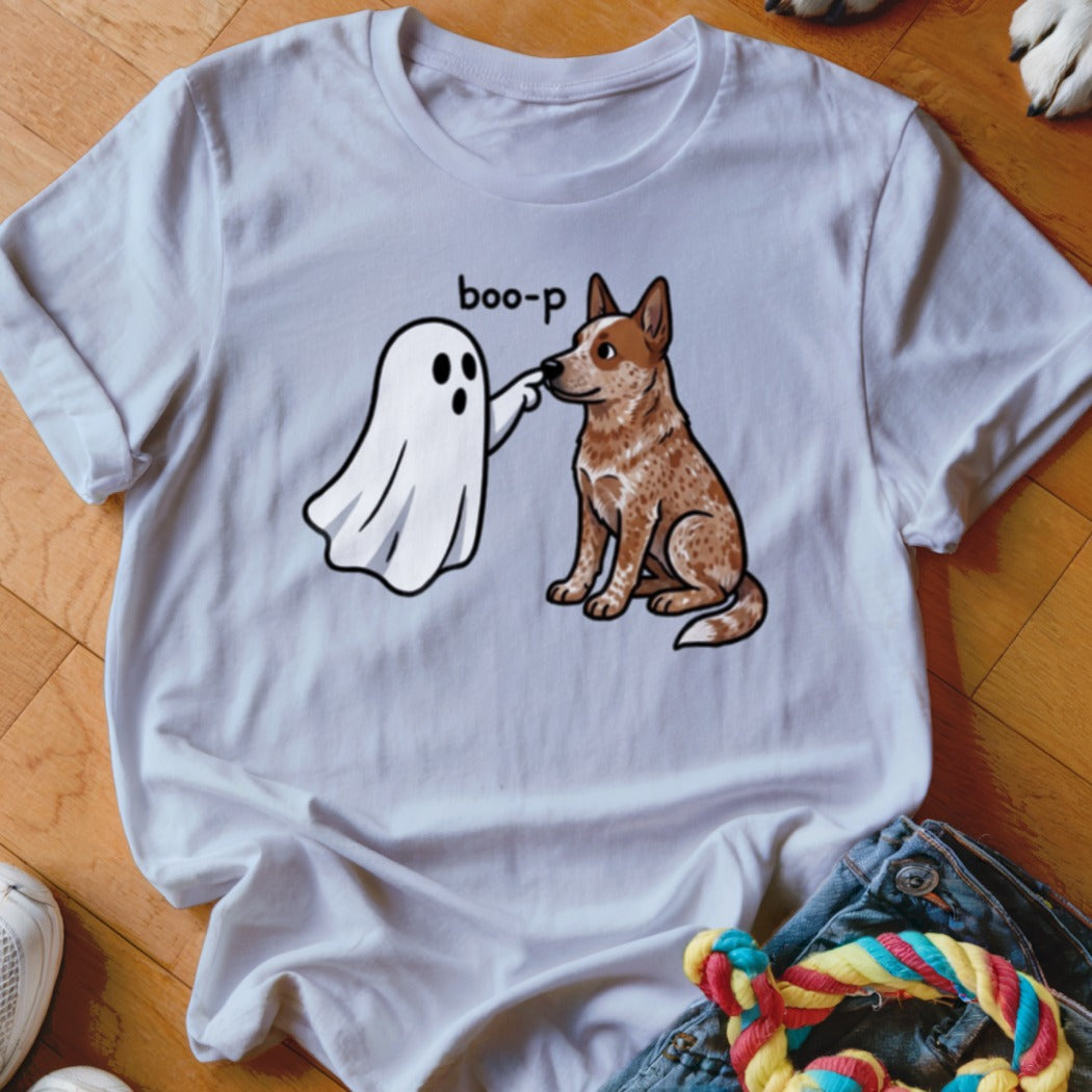 White t-shirt with a cartoon ghost saying "boo-p" to a sitting dog.