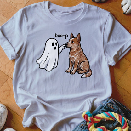 White t-shirt with a cartoon ghost saying "boo-p" to a sitting dog.