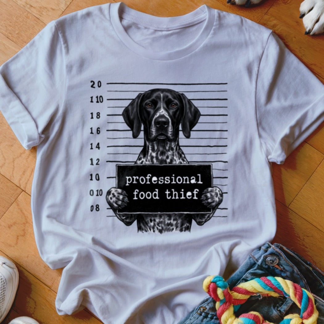 German Shorthaired Pointer mugshot graphic reading "professional food thief".