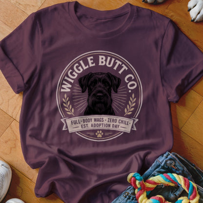 Burgundy t-shirt with a black schnauzer graphic and text.