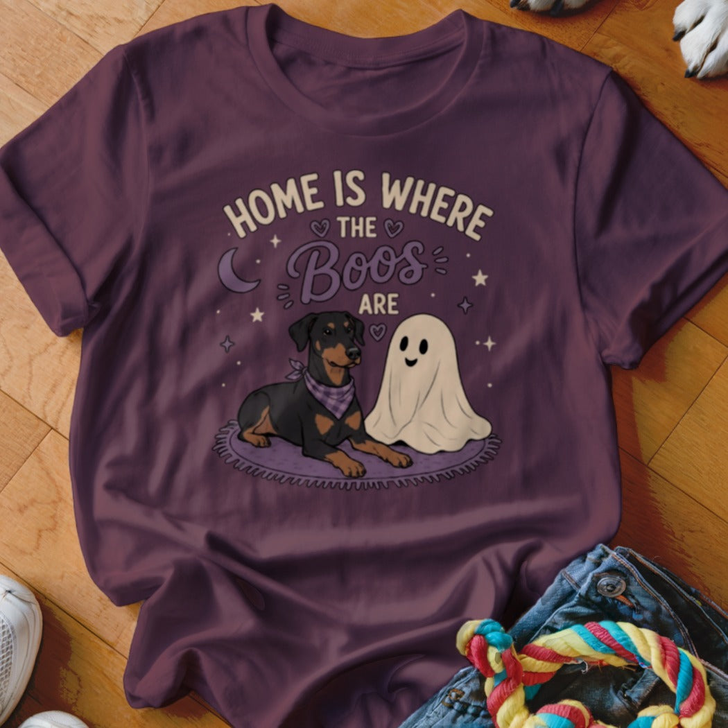 Doberman and ghost illustration with "Home is where the Boos are" text.