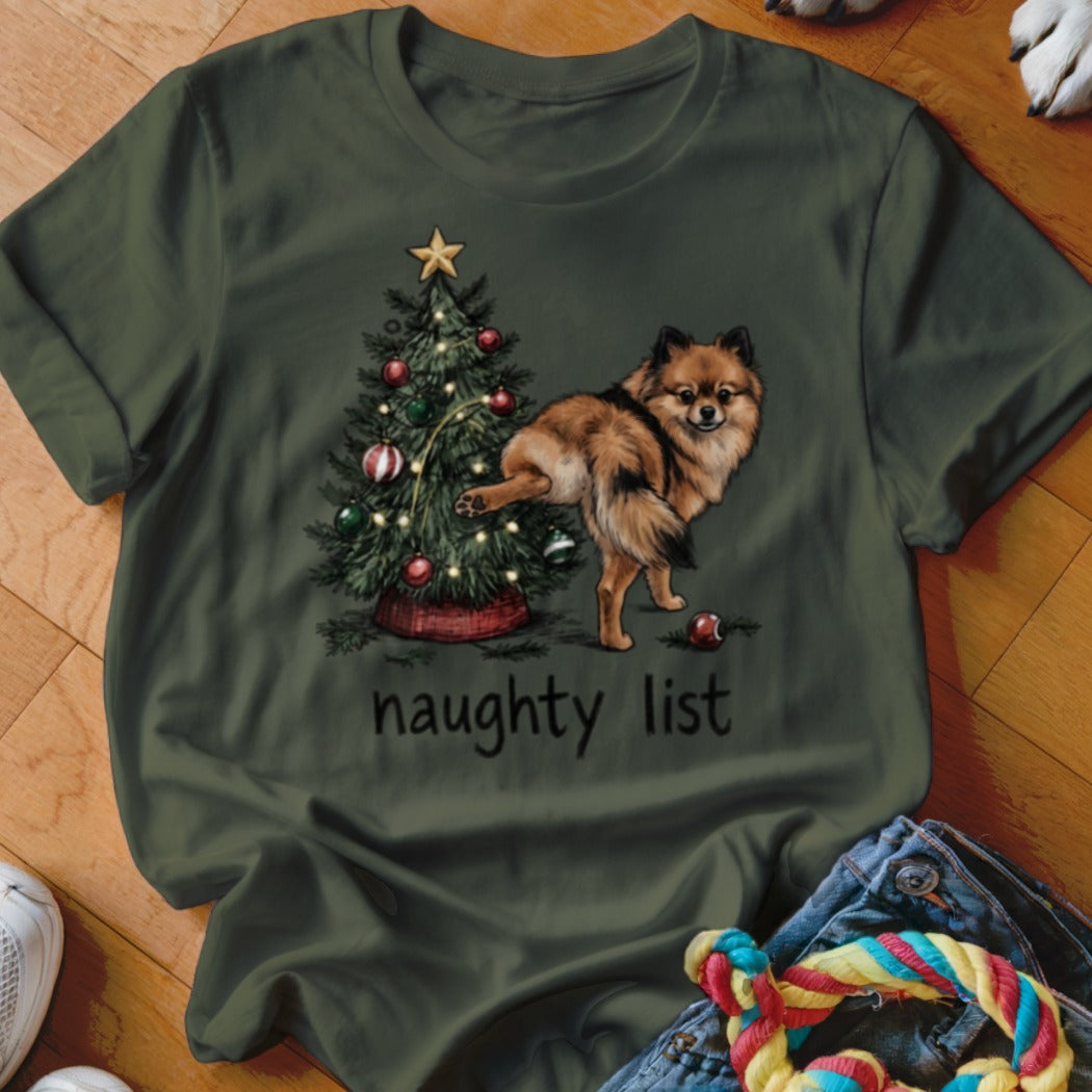 Pomeranian dog by Christmas tree with "naughty list" text.