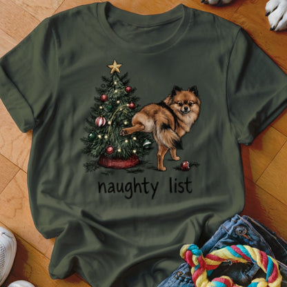 Pomeranian dog by Christmas tree with "naughty list" text.