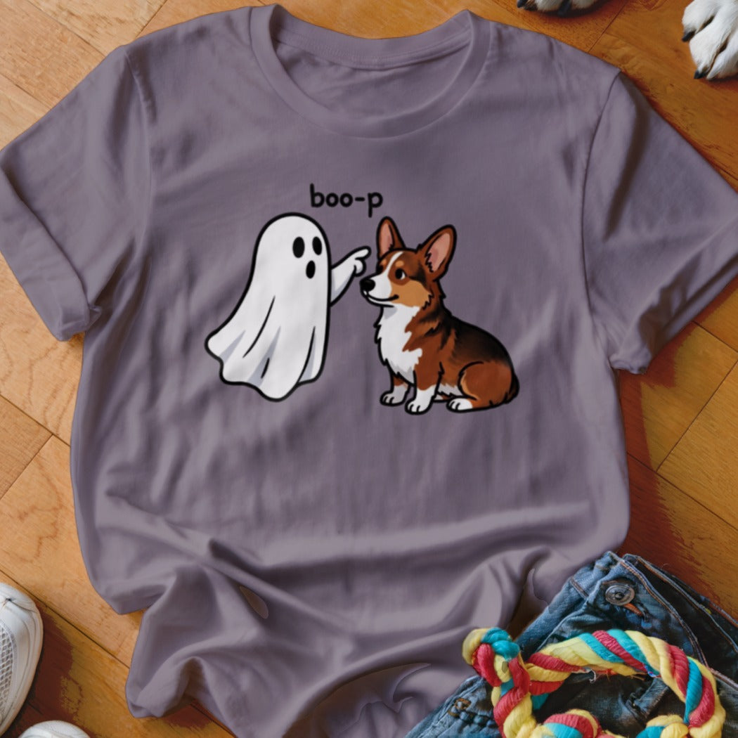 T-shirt with cartoon of ghost saying "boo-p" to a corgi dog.