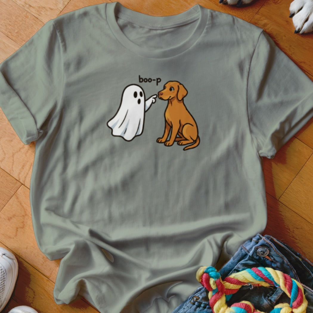 Ghost boops dog nose with text "boo-p" above.