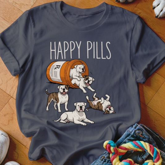 T-shirt with "HAPPY PILLS" text and cartoon bulldogs spilling from a pill bottle.