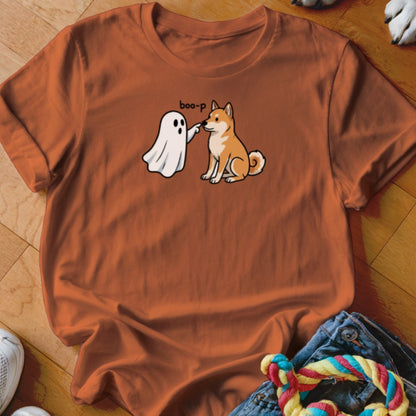 Orange t-shirt with cartoon ghost booping a Shiba Inu dog with "boo-p" text.