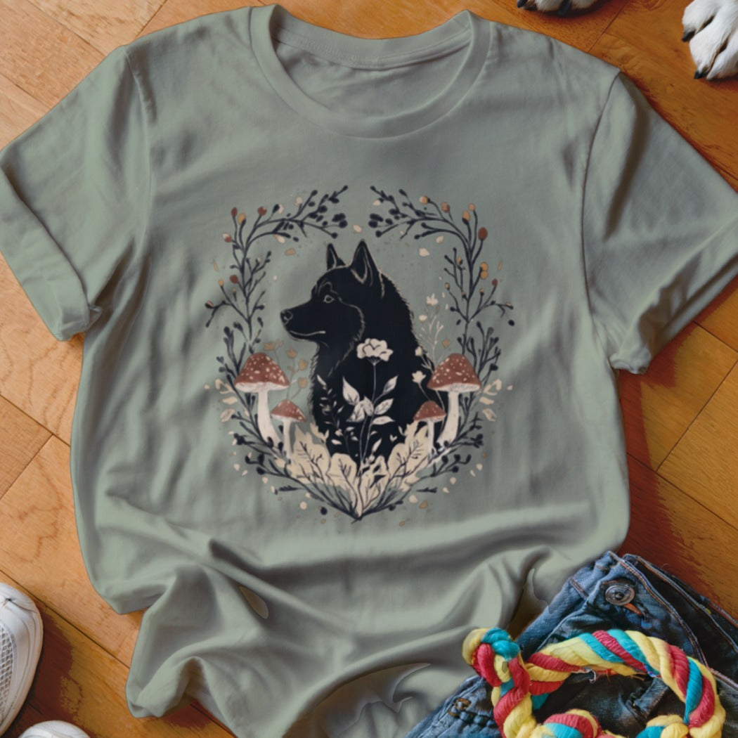 Sage green crewneck t-shirt featuring a graphic of a black dog surrounded by mushrooms and foliage.