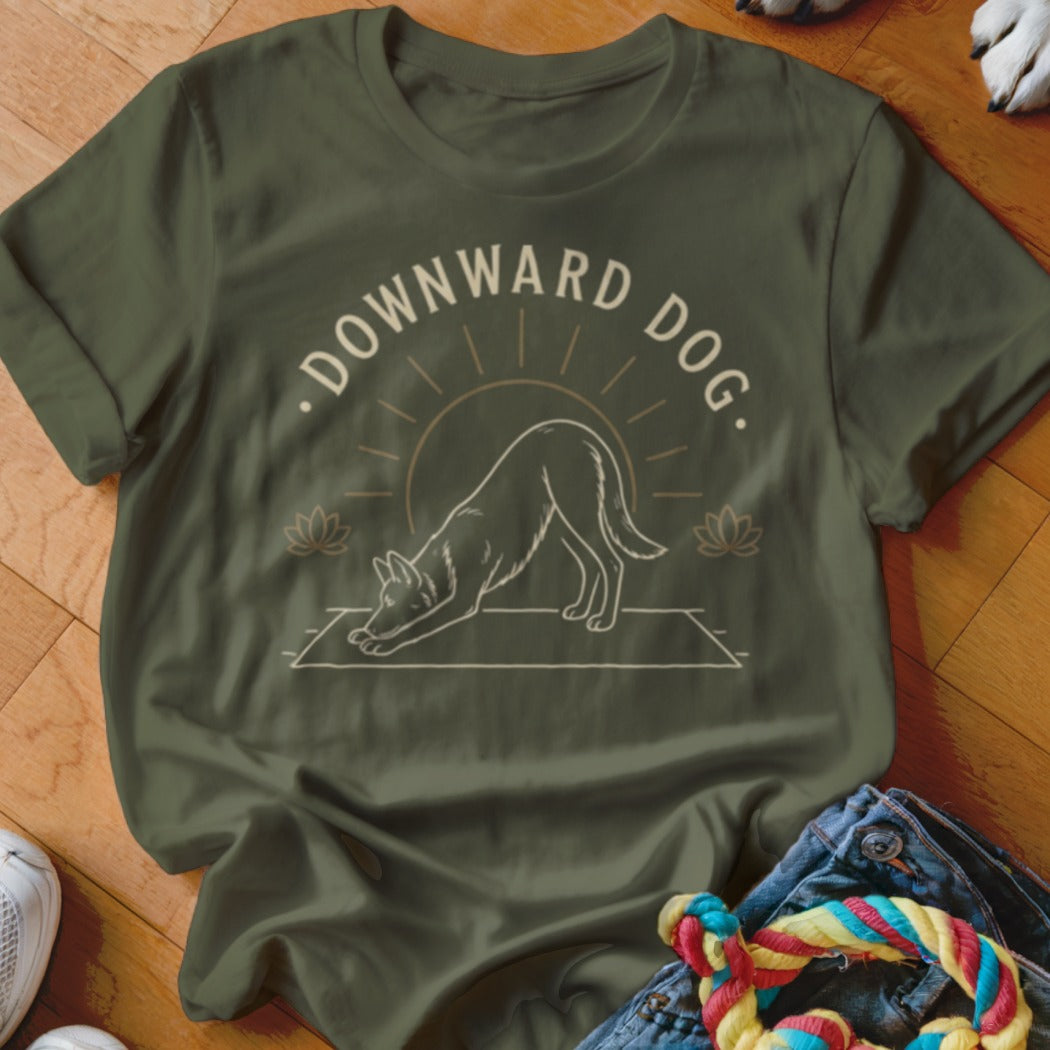 Olive t-shirt with "Downward Dog" text and a yoga pose graphic.