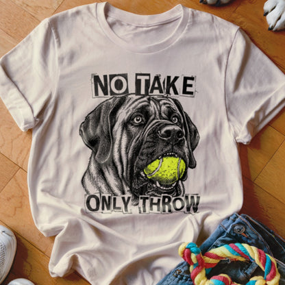 White t-shirt with a dog holding a tennis ball and text "NO TAKE ONLY THROW".