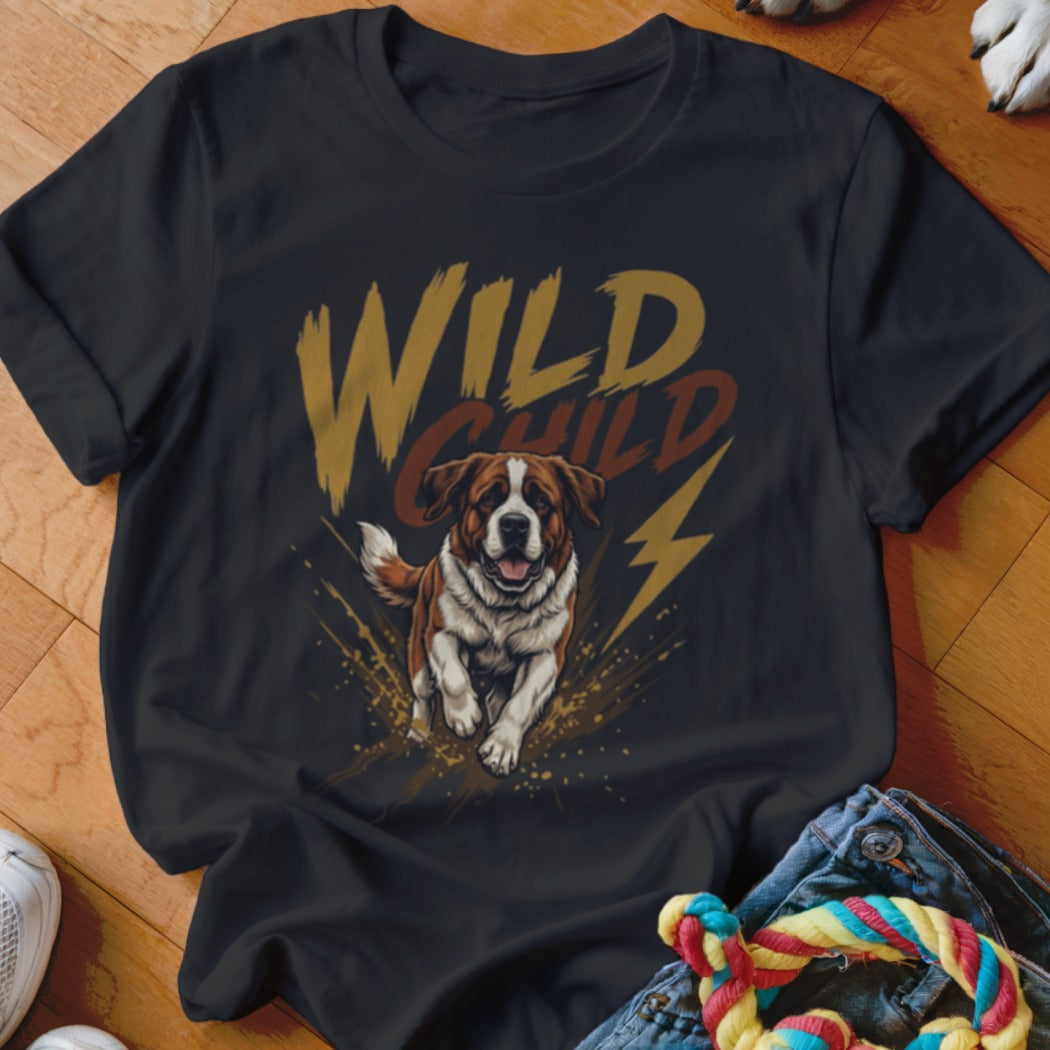 Black t-shirt featuring a graphic of a Saint Bernard dog running beneath the text Wild Child.