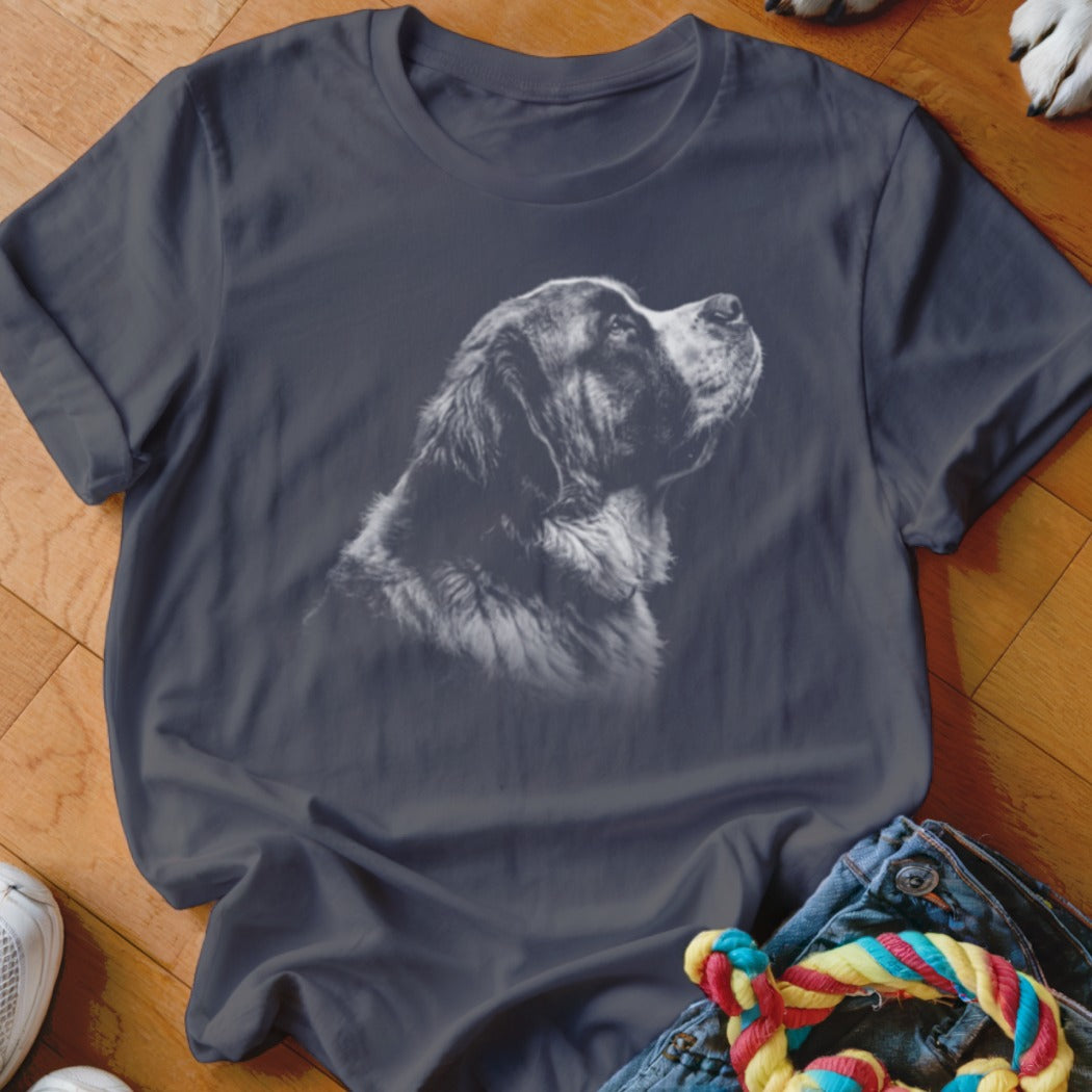 Dark grey t-shirt with a black and white illustration of a Bernese Mountain Dog's head.