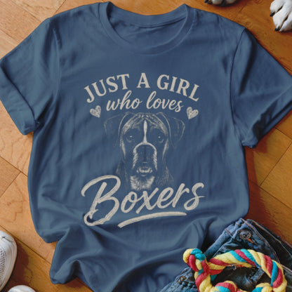 T-shirt with "Just a girl who loves Boxers" and a boxer dog illustration.