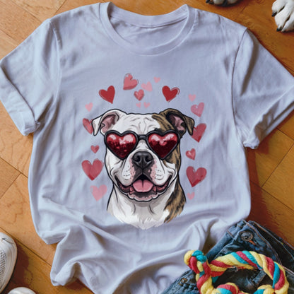 White t-shirt featuring an illustration of a bulldog wearing heart-shaped sunglasses, surrounded by pink and red hearts.