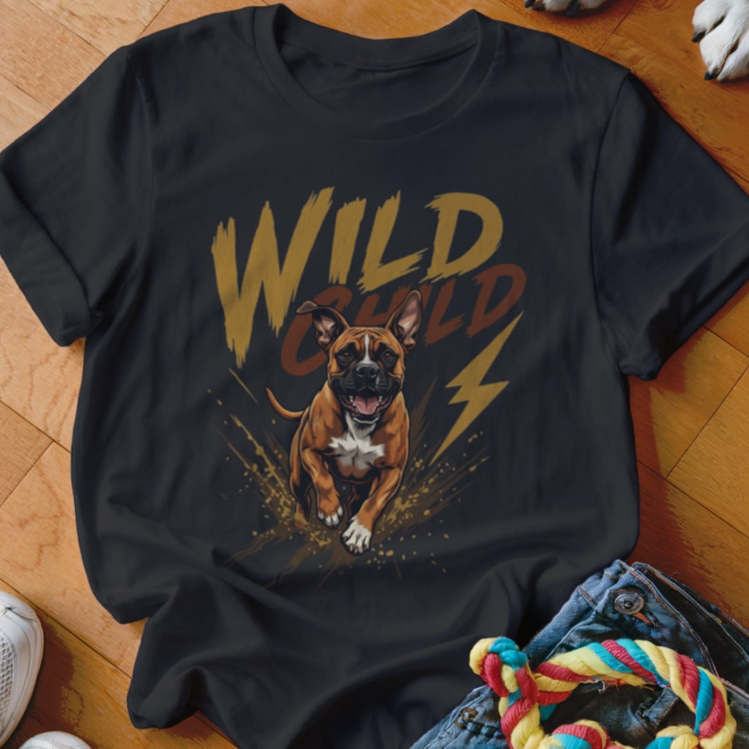 A black t-shirt printed with a running boxer dog and the text Wild Child.