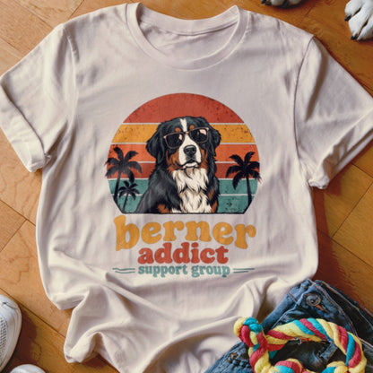 A light beige t-shirt featuring a retro graphic of a Bernese Mountain Dog wearing sunglasses before a sunset and palm trees, with text reading "berner addict support group".