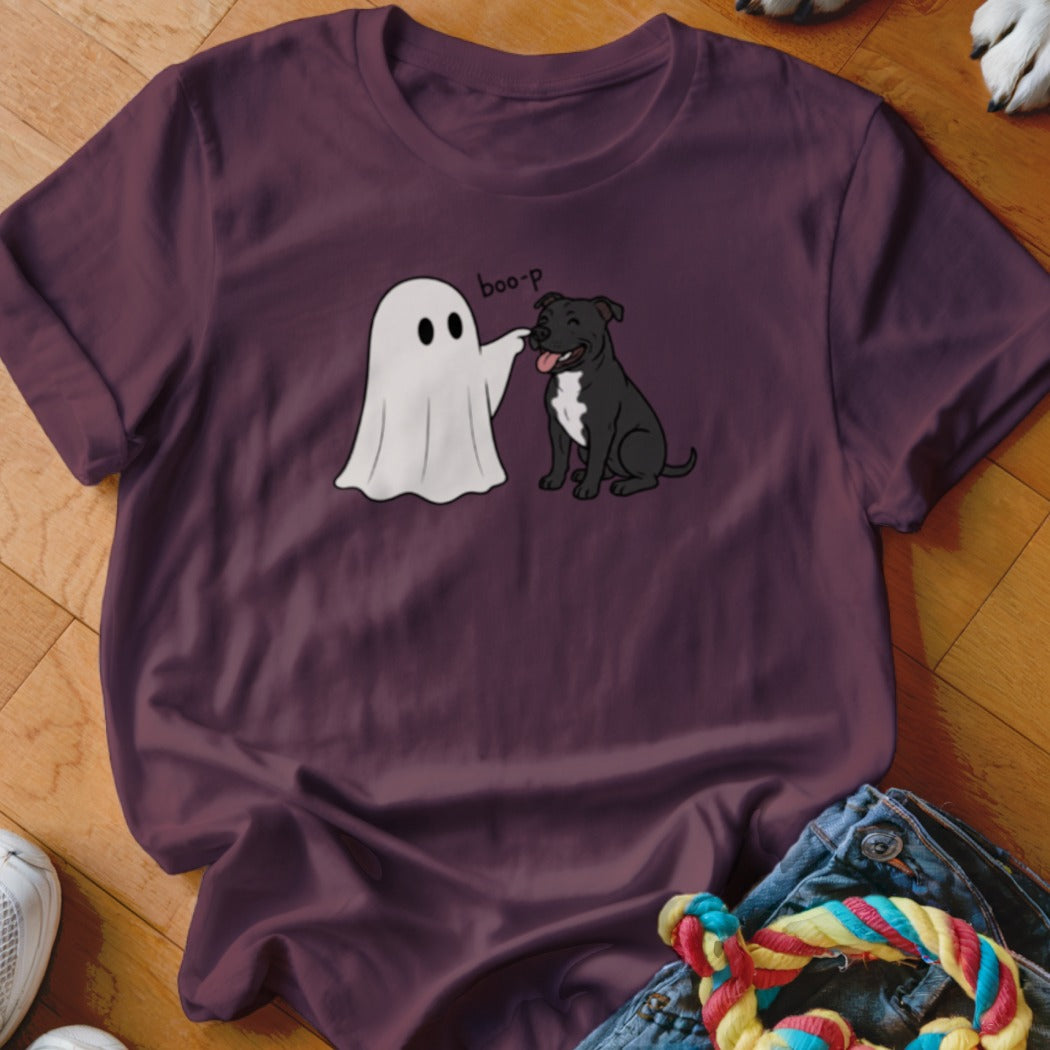 Ghost playfully booping a smiling pit bull dog with "boo-p" text.