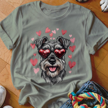 An olive green crewneck t-shirt featuring a graphic of a schnauzer wearing heart-shaped sunglasses surrounded by pink hearts.