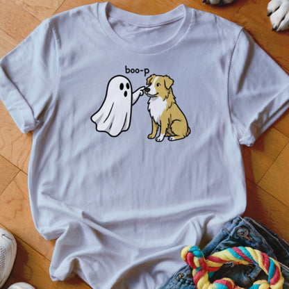 White t-shirt with ghost and dog graphic and "boo-p" text