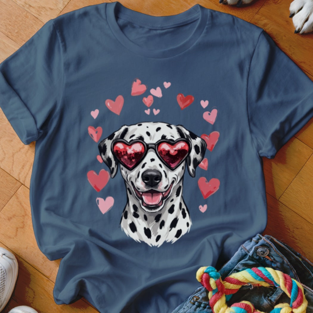 Dark blue t-shirt featuring a graphic of a smiling Dalmatian wearing heart-shaped sunglasses surrounded by pink hearts.