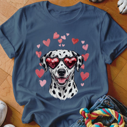 Dark blue t-shirt featuring a graphic of a smiling Dalmatian wearing heart-shaped sunglasses surrounded by pink hearts.