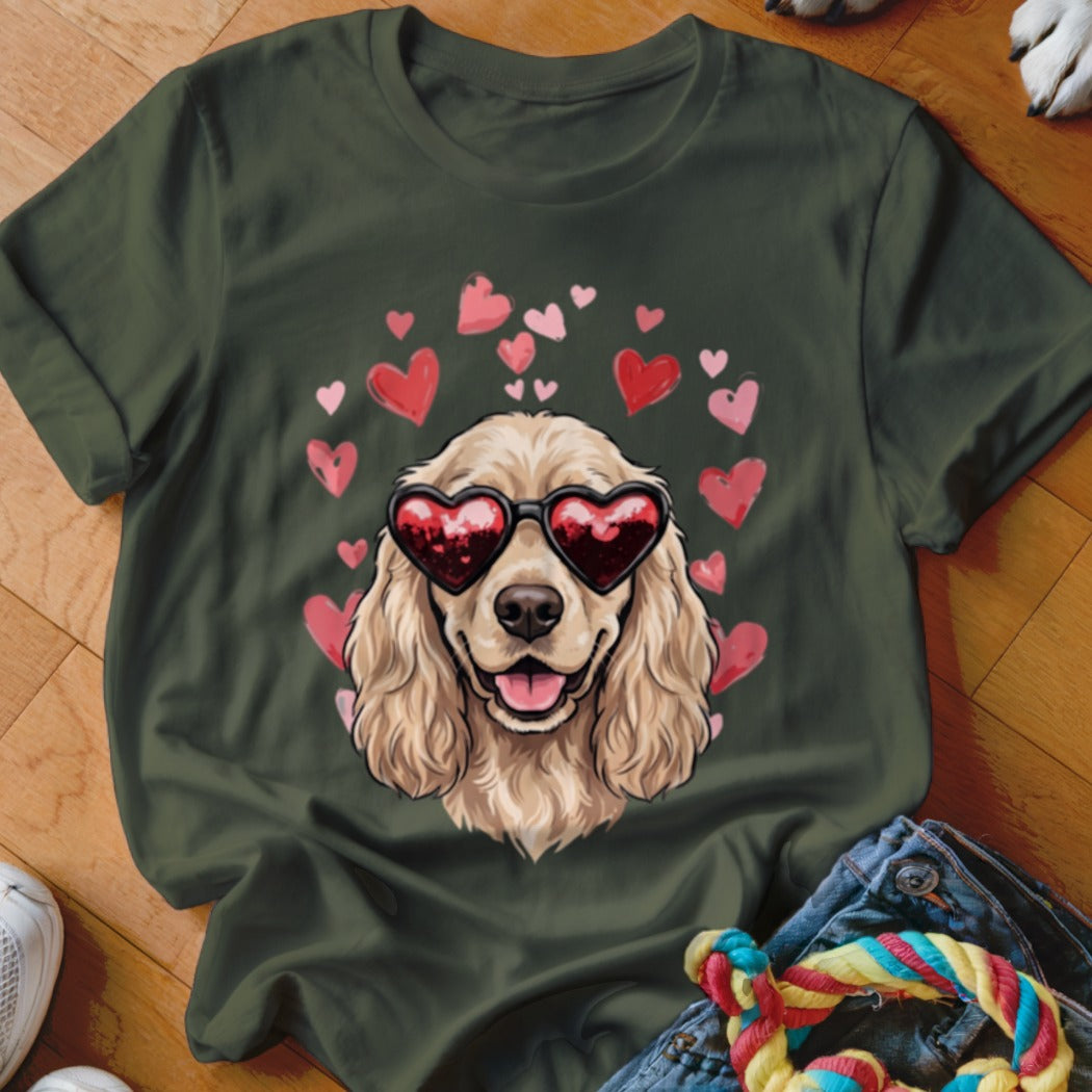 Dark green t-shirt featuring a graphic of a golden spaniel wearing heart-shaped sunglasses surrounded by pink and red hearts.