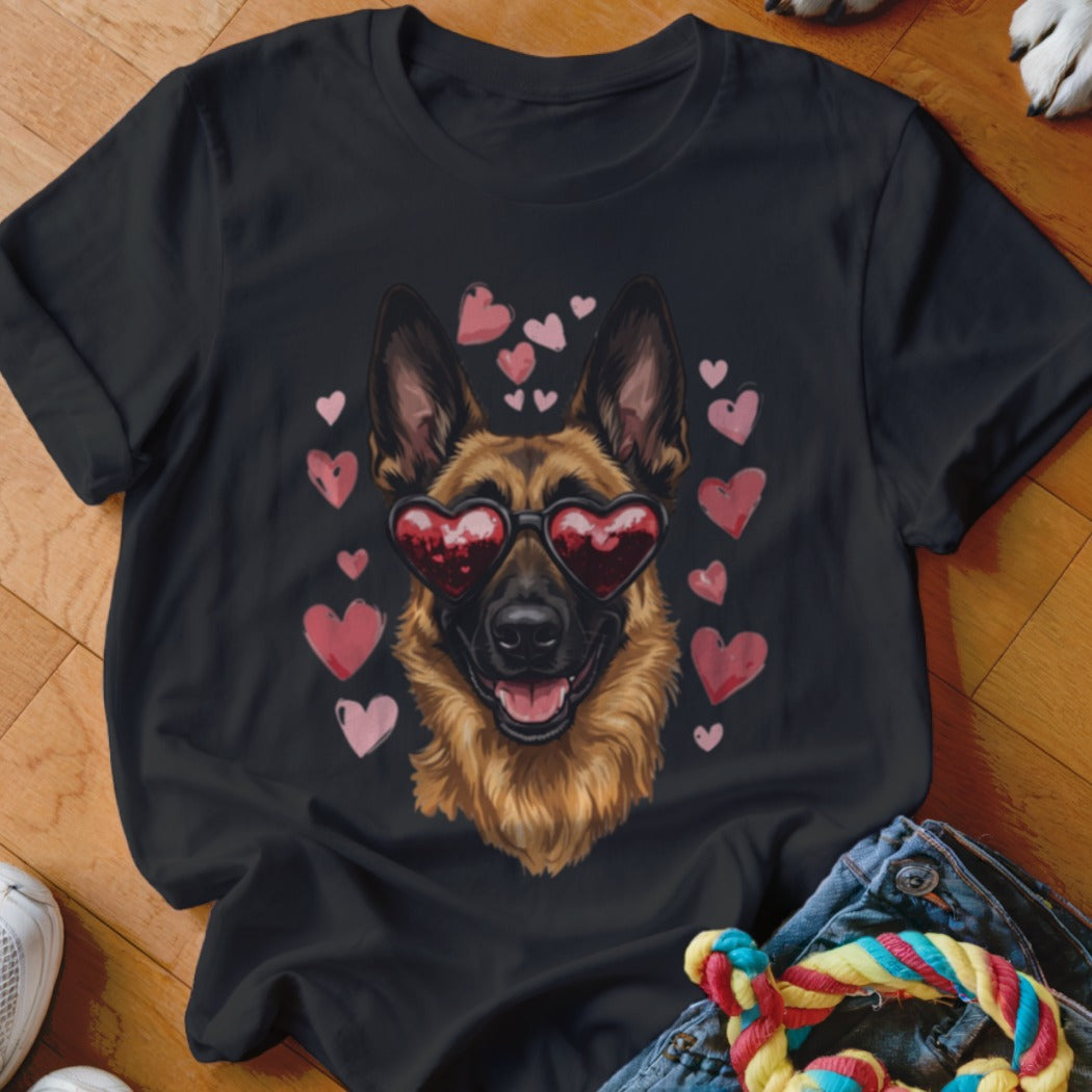 Black t-shirt featuring a German Shepherd wearing heart-shaped sunglasses surrounded by pink hearts.