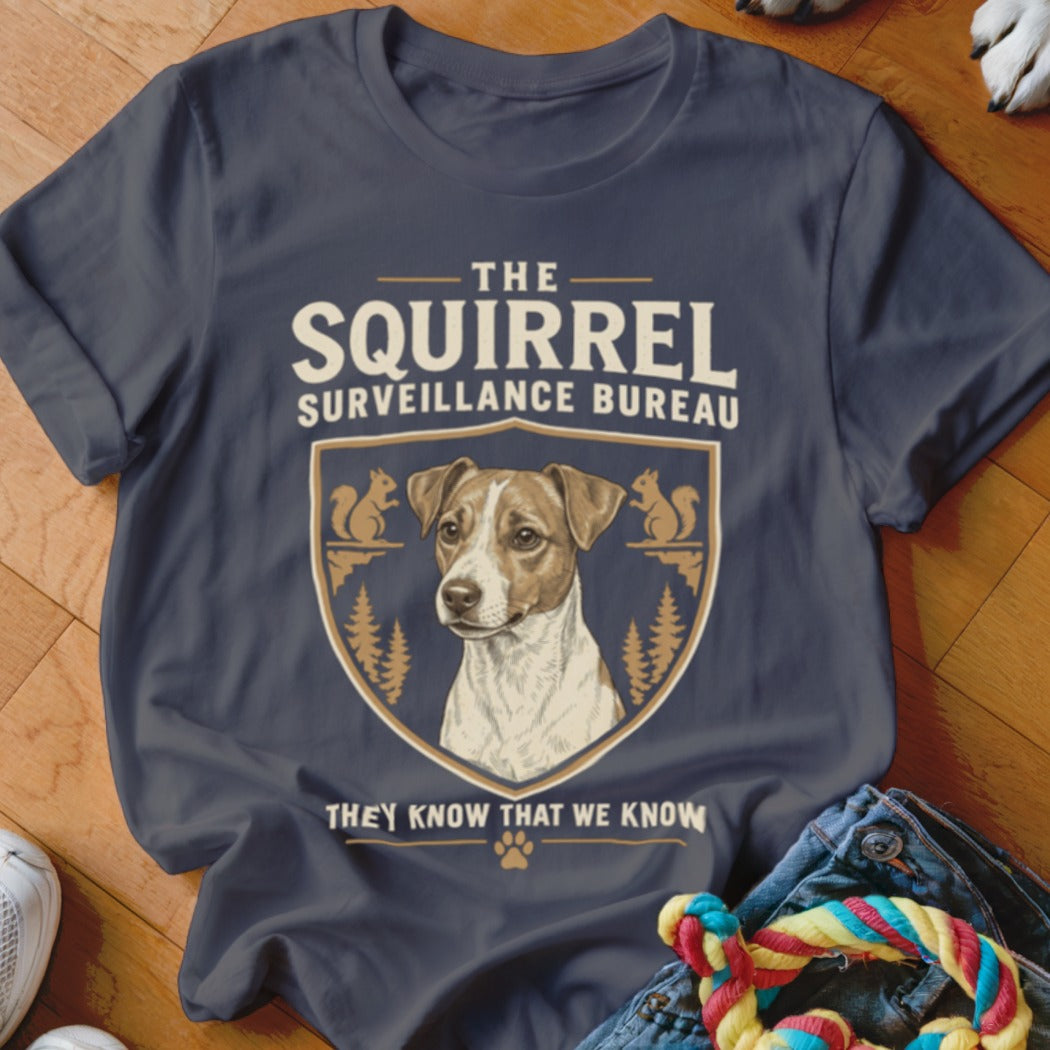 Dark gray t-shirt with a Jack Russell Terrier graphic and text reading The Squirrel Surveillance Bureau.