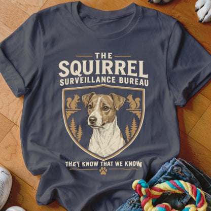 Dark gray t-shirt with a Jack Russell Terrier graphic and text reading The Squirrel Surveillance Bureau.
