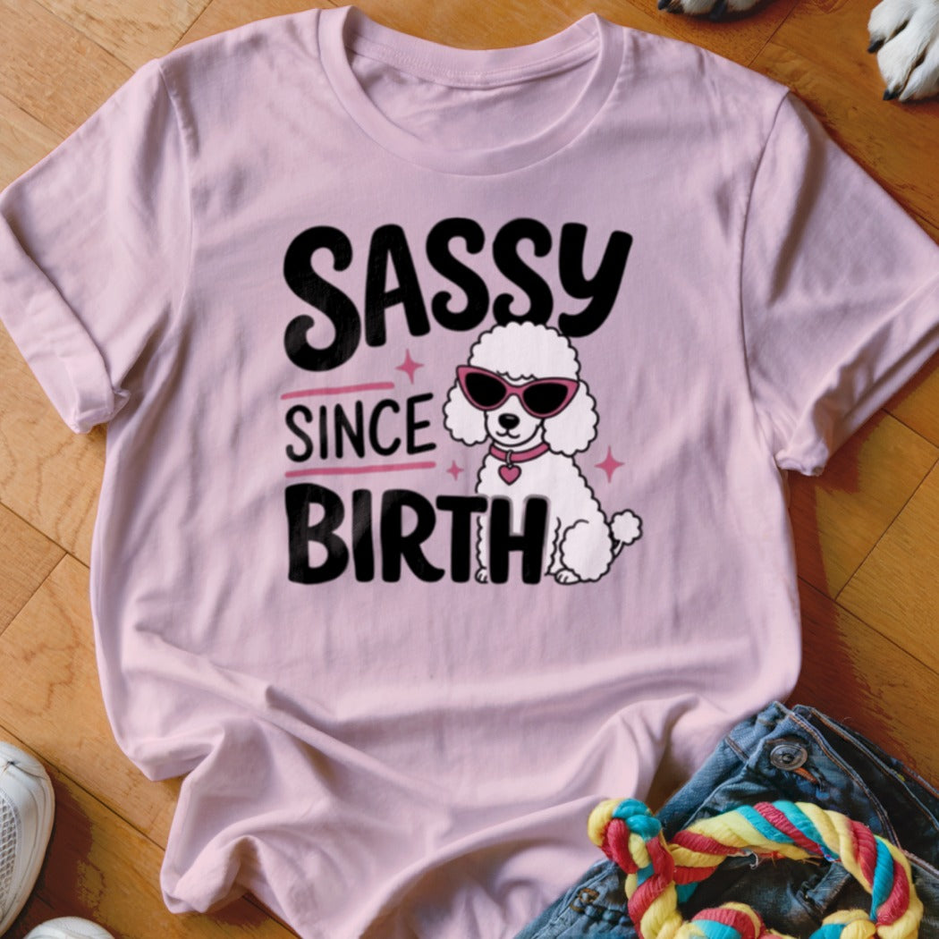 Pink t-shirt with "SASSY SINCE BIRTH" text and a poodle wearing sunglasses.