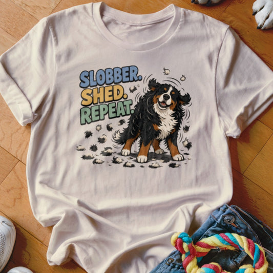 Bernese Mountain Dog with text Slobber, Shed, Repeat on a white t-shirt.