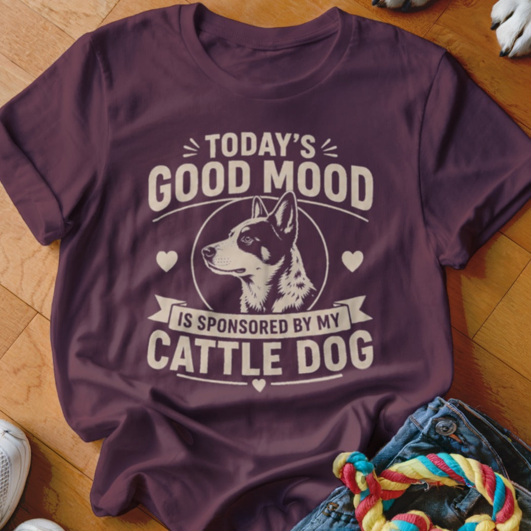 T-shirt graphic with "Today's good mood is sponsored by my cattle dog" and dog portrait.