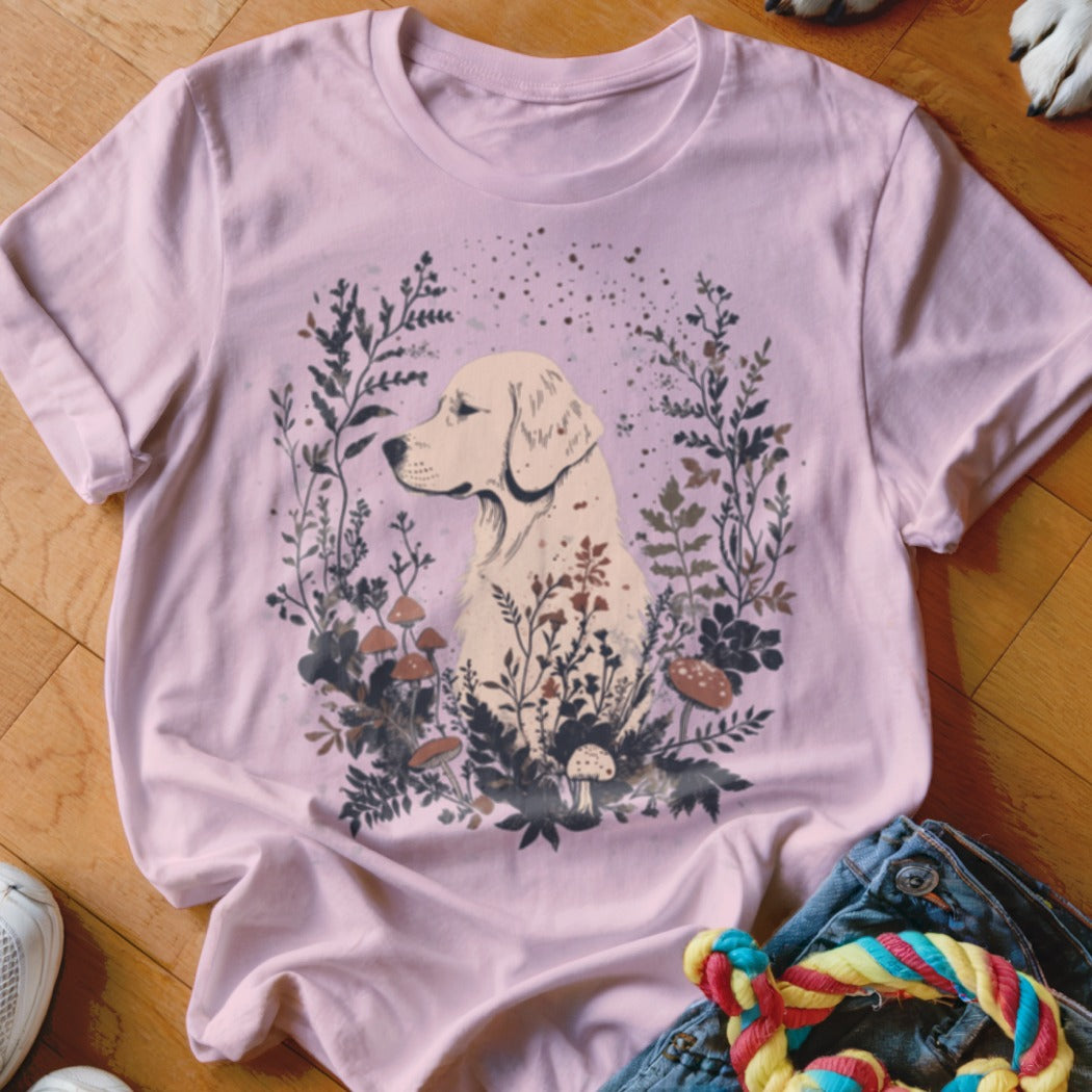 Pink t-shirt with a cream-colored golden retriever amidst foliage and mushrooms.