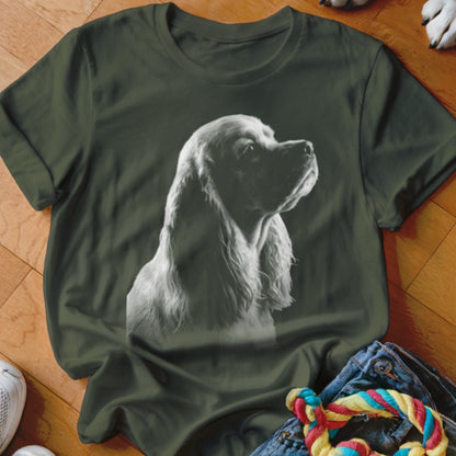 Green t-shirt with a black and white graphic of a Cocker Spaniel's head and shoulders.