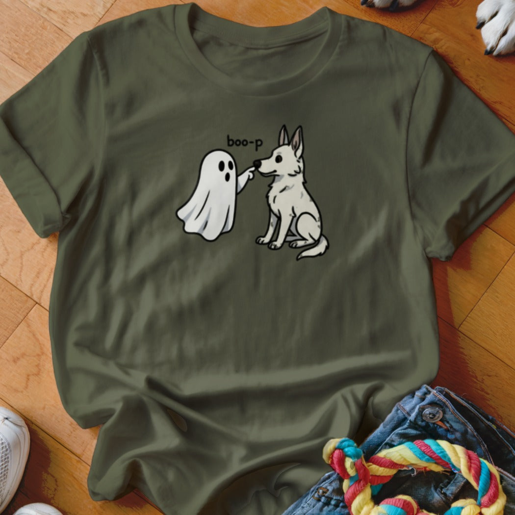 Cartoon ghost booping a white dog on the nose with the text "boo-p".