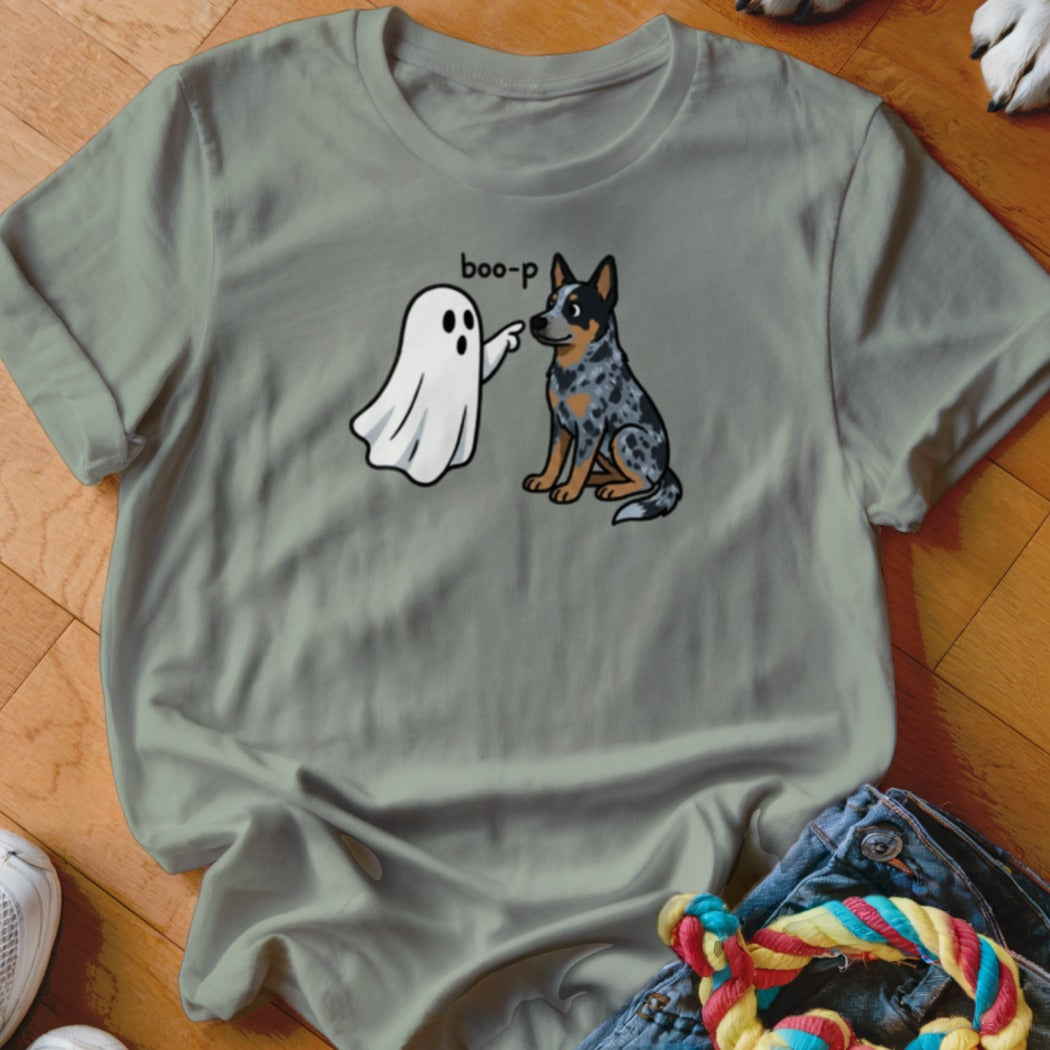 Ghost booping a dog with text that says "boo-p".