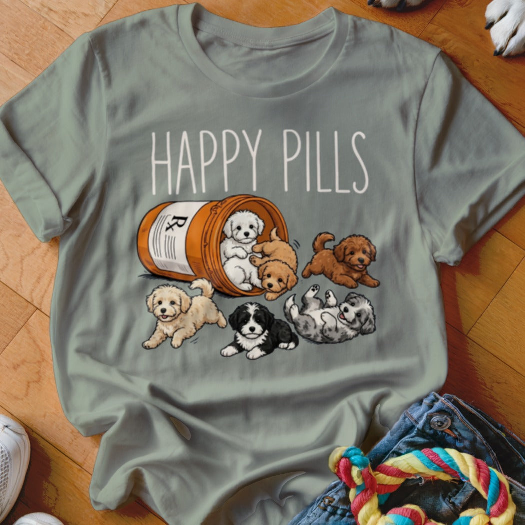T-shirt with "HAPPY PILLS" text and a bottle of puppies.