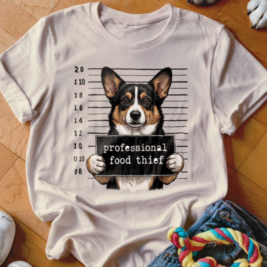 Corgi in mugshot holding sign that reads "professional food thief."
