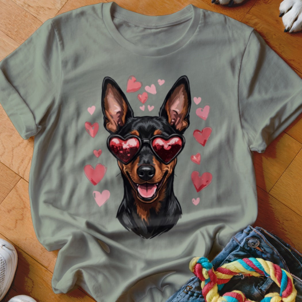 Sage green crewneck t-shirt featuring an illustration of a black and tan dog wearing heart-shaped sunglasses surrounded by pink hearts.