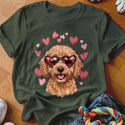 Dark green t-shirt featuring a graphic of a fluffy poodle wearing heart-shaped sunglasses surrounded by pink hearts.