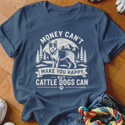 Navy t-shirt with "Money Can't Make You Happy, But Cattle Dogs Can" text and dog graphic.