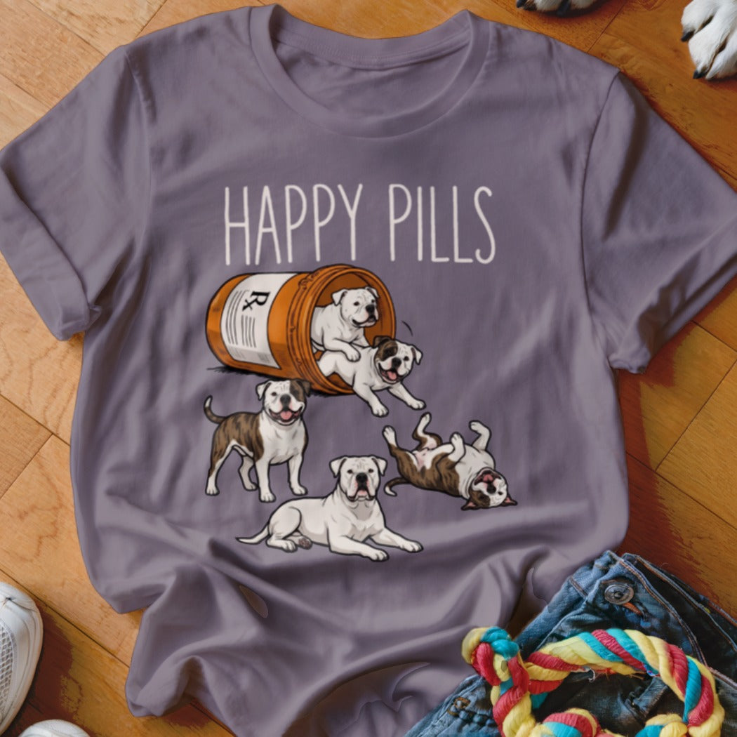 T-shirt with "Happy Pills" text and five bulldogs spilling from a pill bottle.