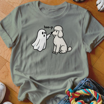 Ghost booping a poodle with "boo-p" text on a gray t-shirt.