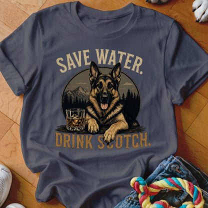 German Shepherd with whiskey glass, "Save Water. Drink Scotch." text.