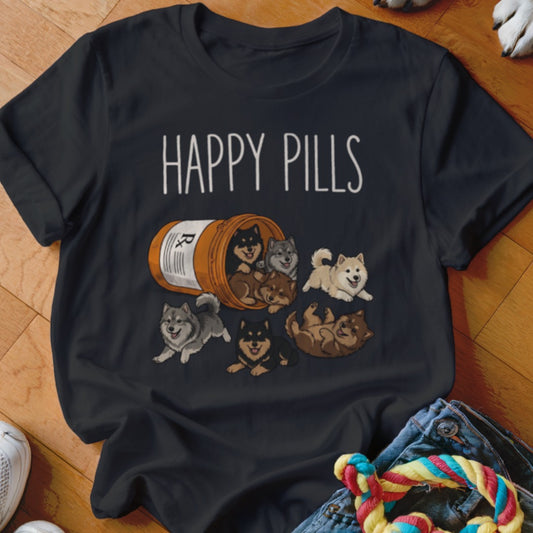 Black t-shirt with "Happy Pills" text and cartoon puppies spilling from a prescription bottle.
