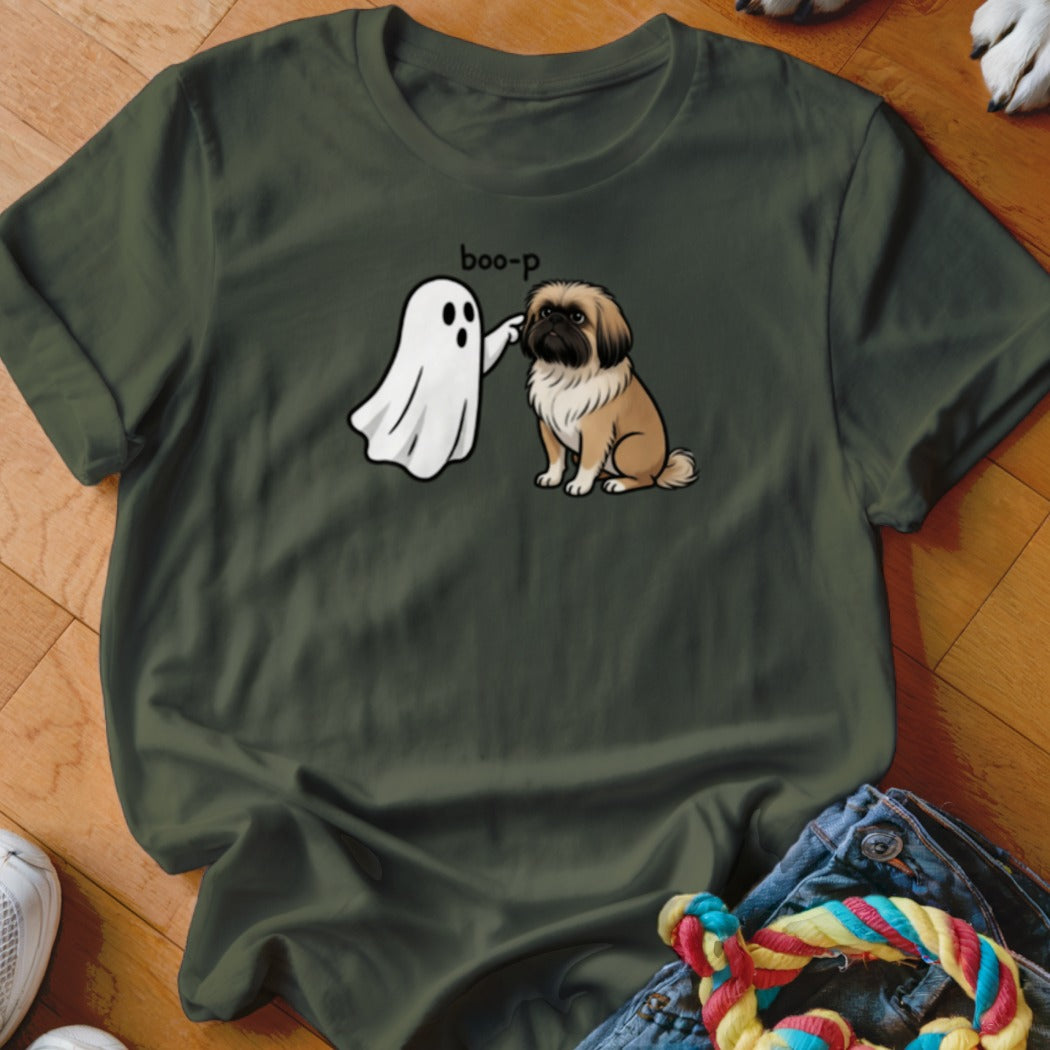 Ghost booping a cute fluffy dog with the text "boo-p" above.