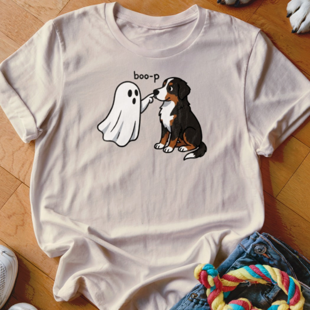 T-shirt with cartoon ghost saying "boo-p" to a Bernese Mountain Dog.