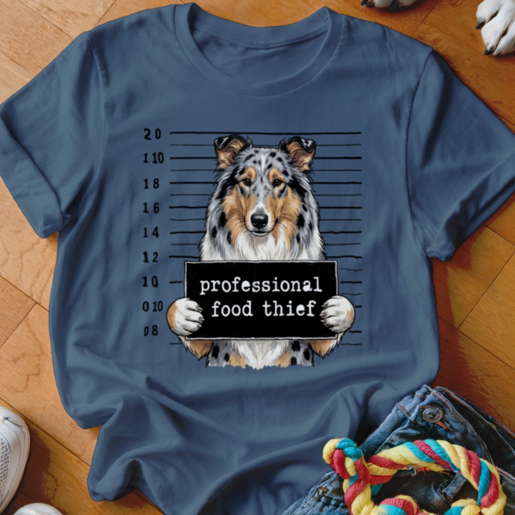 Collie dog mugshot holding "professional food thief" sign.
