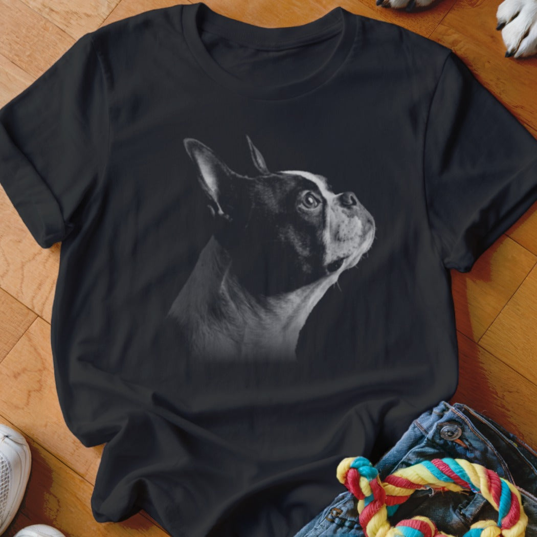 Black t-shirt with a black and white Boston Terrier portrait print.